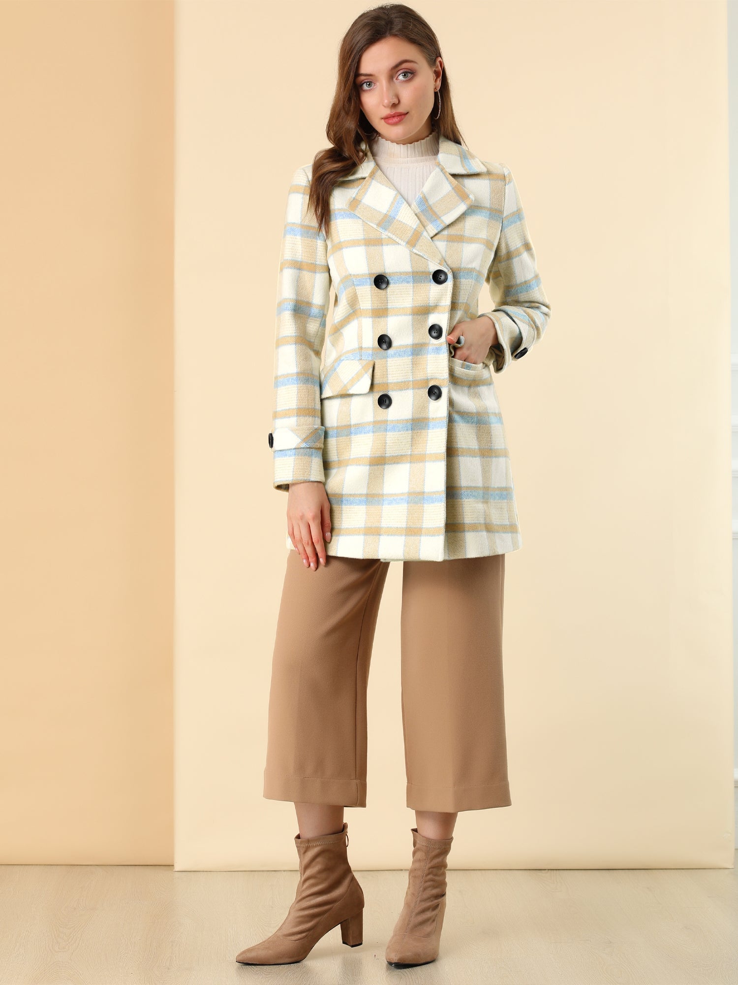 Płaszcz Damski Dwurzędowy w Kratę z Klapami | Elegancki Trencz Damski