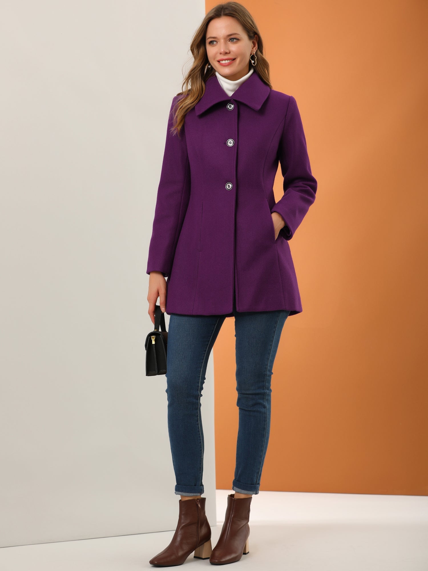 Płaszcz Damski Zimowy w Kroju A-Line z Kołnierzem | Elegancki Płaszcz