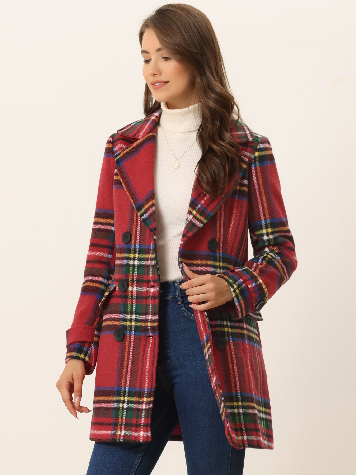 Płaszcz Damski Dwurzędowy w Kratę z Klapami | Elegancki Trencz Damski