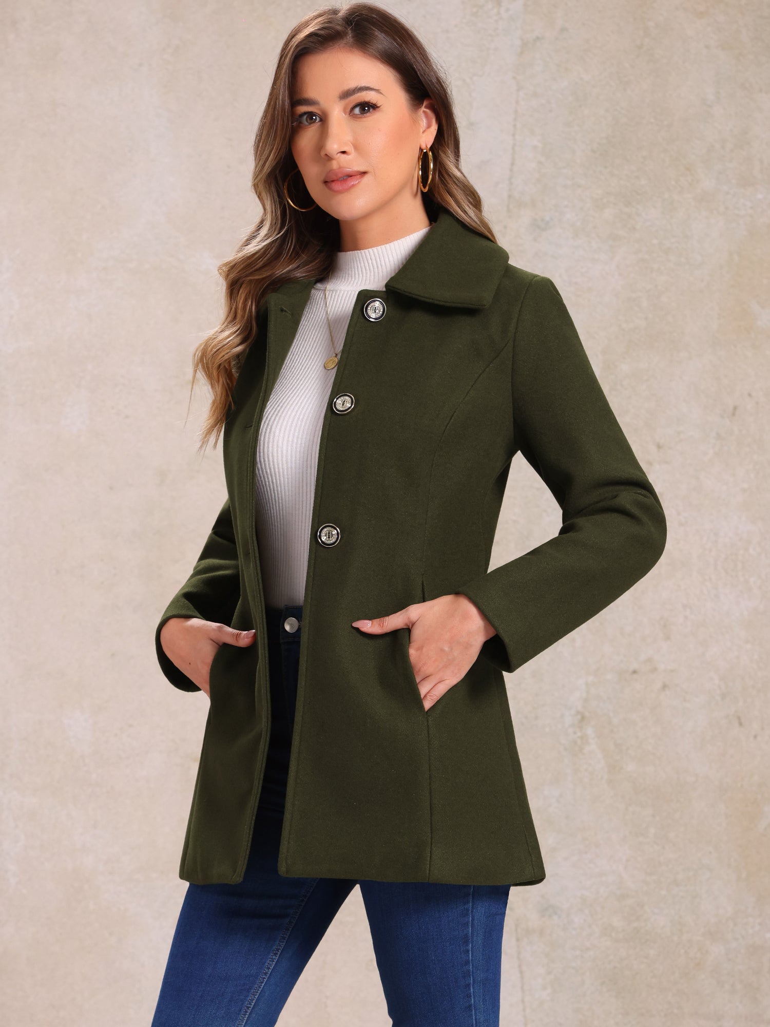 Płaszcz Damski Zimowy w Kroju A-Line z Kołnierzem | Elegancki Płaszcz