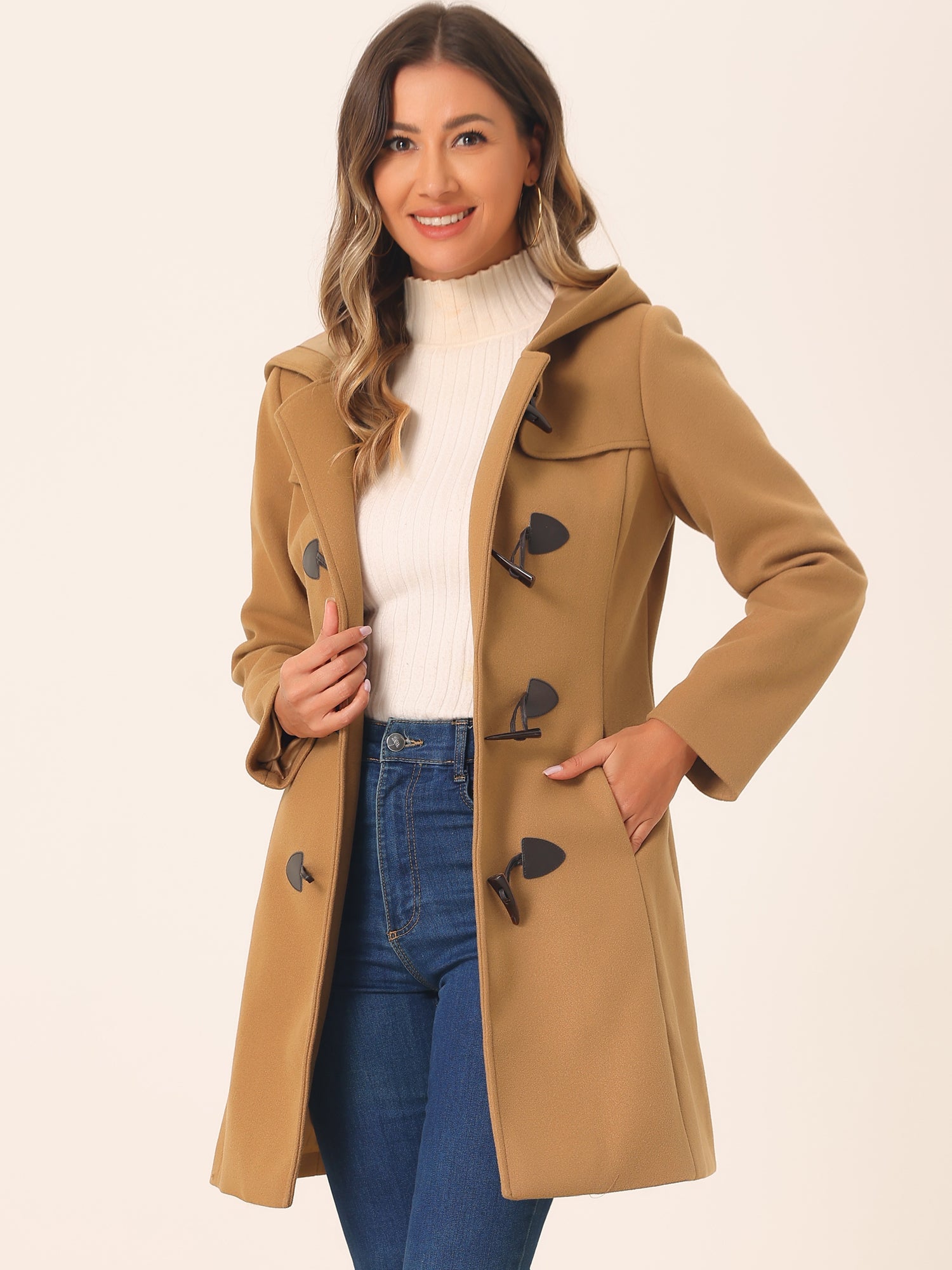 Płaszcz Damski Zimowy z Kapturem i Zapięciem na Kołki | Klasyczny Płaszcz