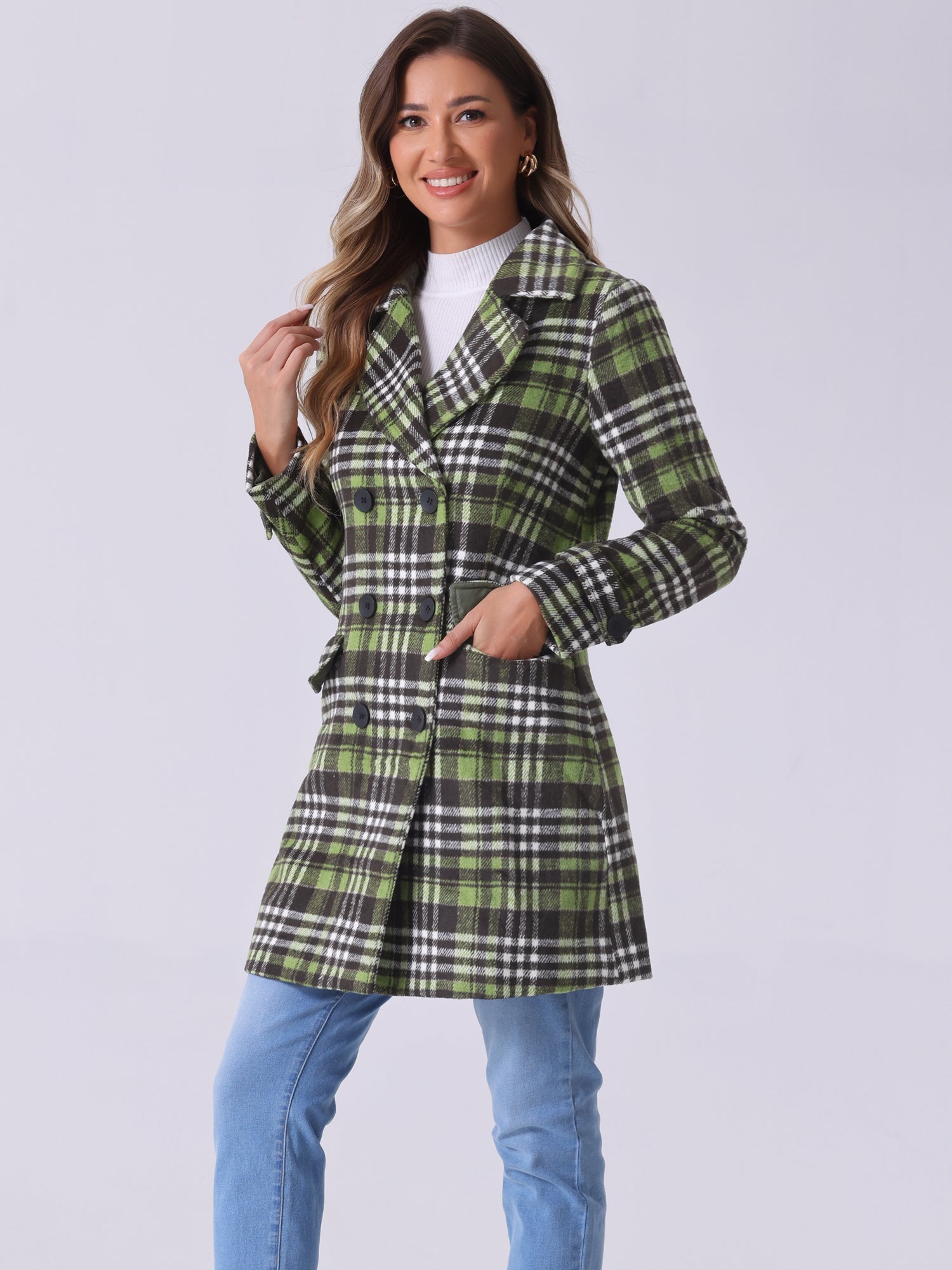 Płaszcz Damski Dwurzędowy w Kratę z Klapami | Elegancki Trencz Damski