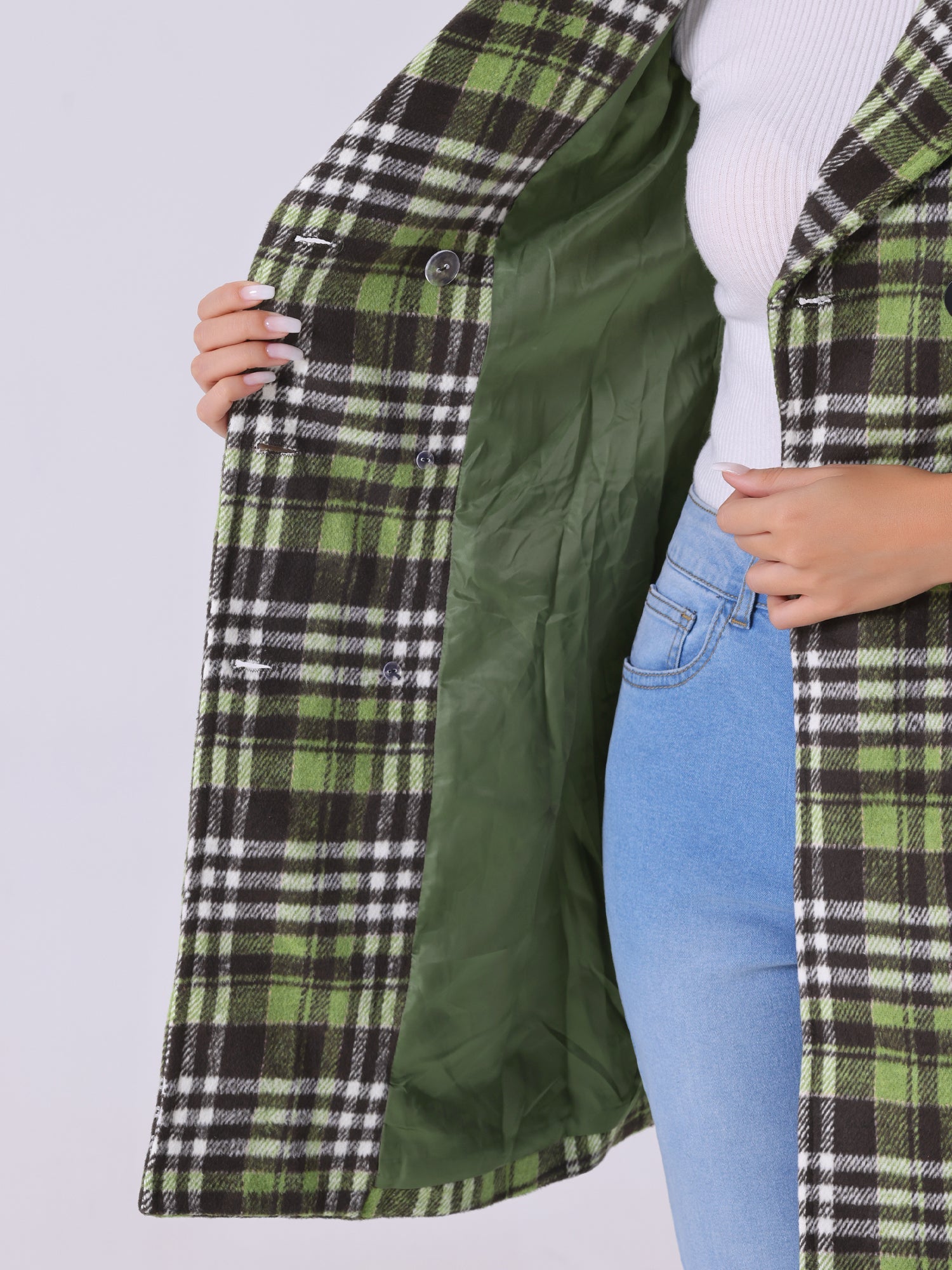 Płaszcz Damski Dwurzędowy w Kratę z Klapami | Elegancki Trencz Damski