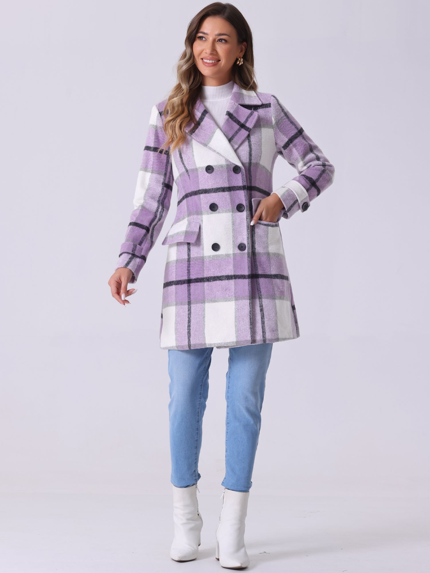 Płaszcz Damski Dwurzędowy w Kratę z Klapami | Elegancki Trencz Damski