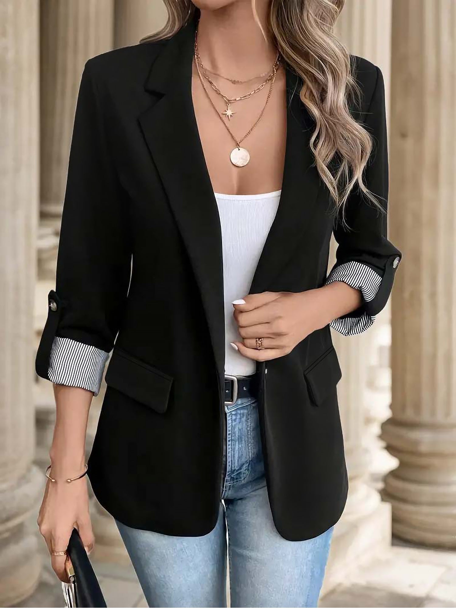 Damska Marynarka Casual do Biura z Podwijanymi Rękawami | Elegancka Marynarka Damska