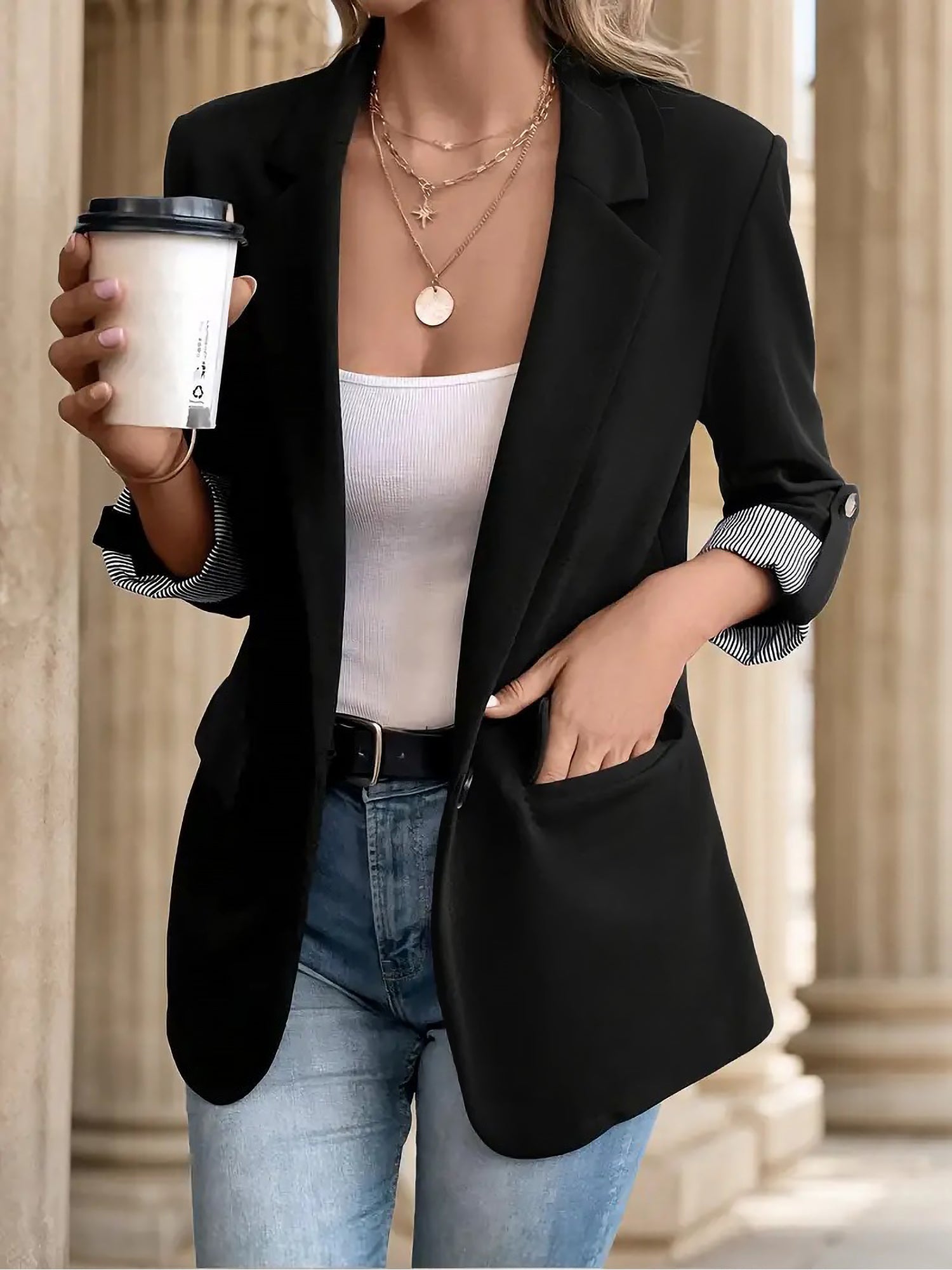 Damska Marynarka Casual do Biura z Podwijanymi Rękawami | Elegancka Marynarka Damska