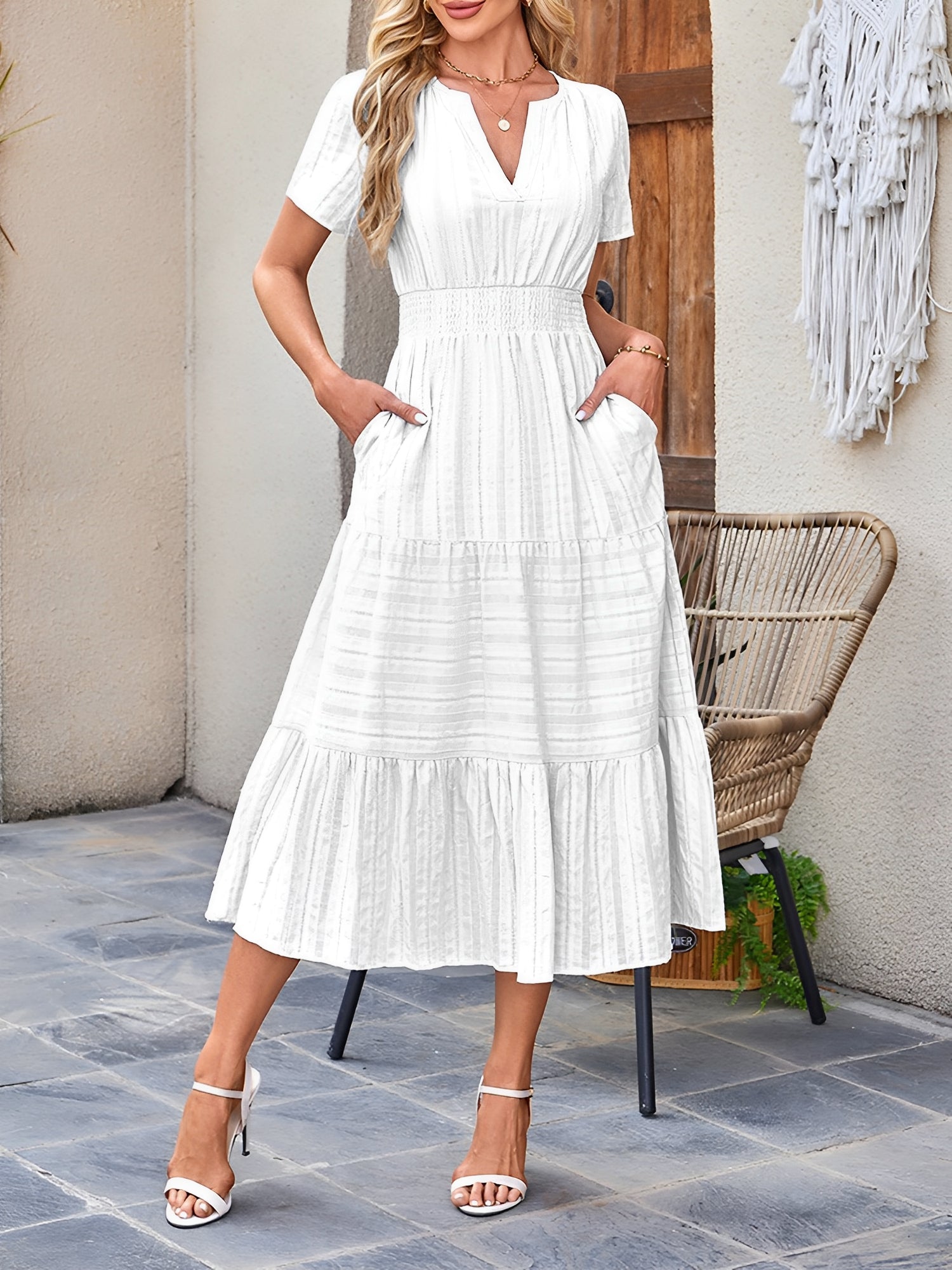 Damska Sukienka Midi z Bufiastymi Rękawami | Letnia Sukienka Casual