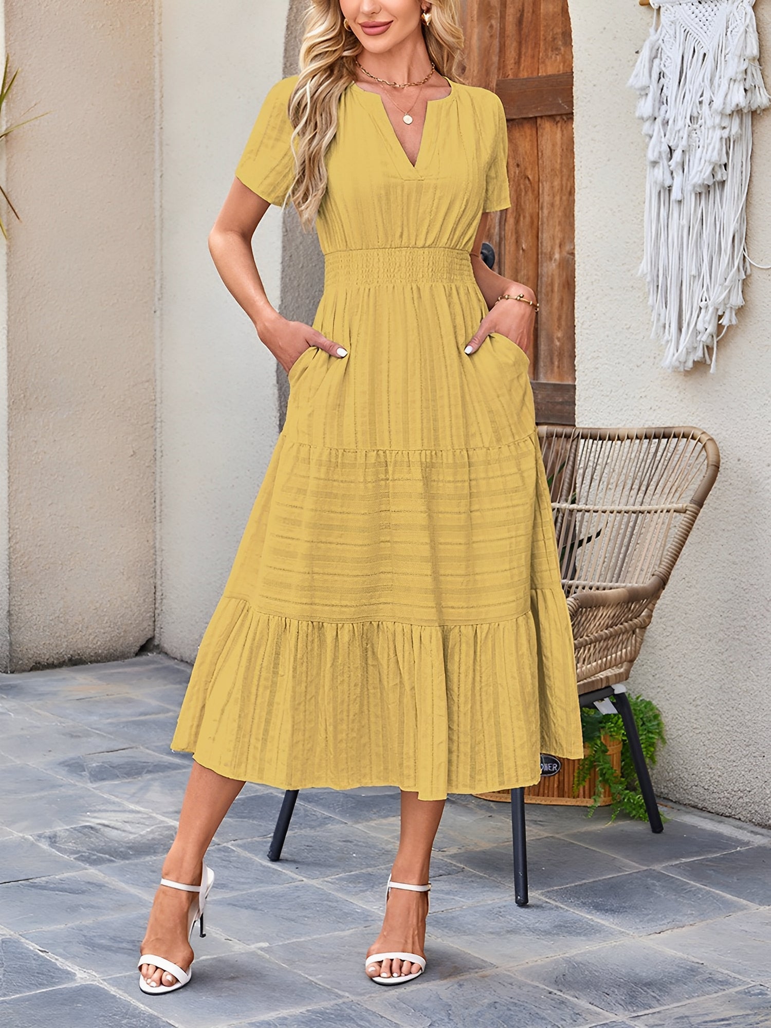 Damska Sukienka Midi z Bufiastymi Rękawami | Letnia Sukienka Casual