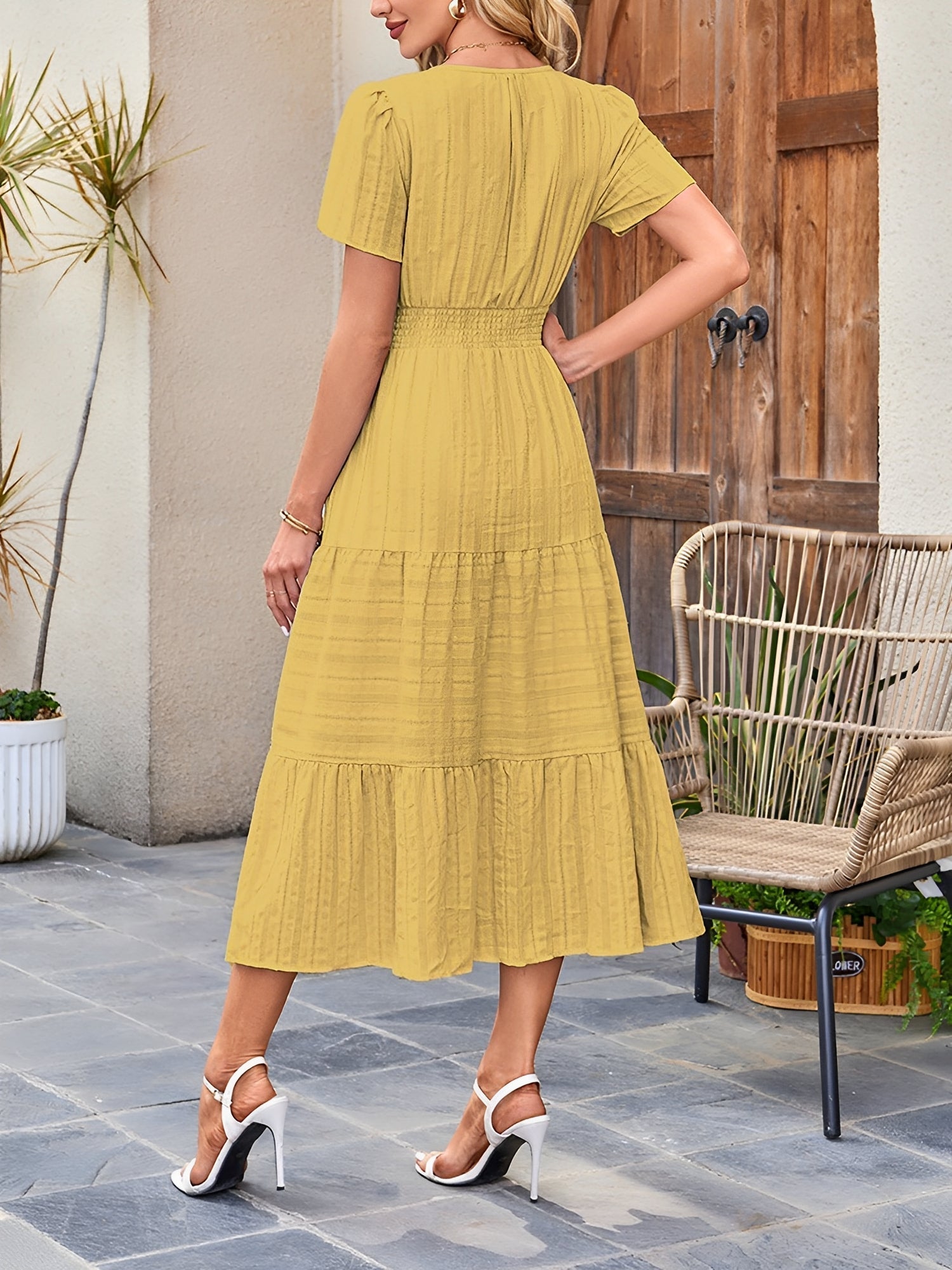 Damska Sukienka Midi z Bufiastymi Rękawami | Letnia Sukienka Casual