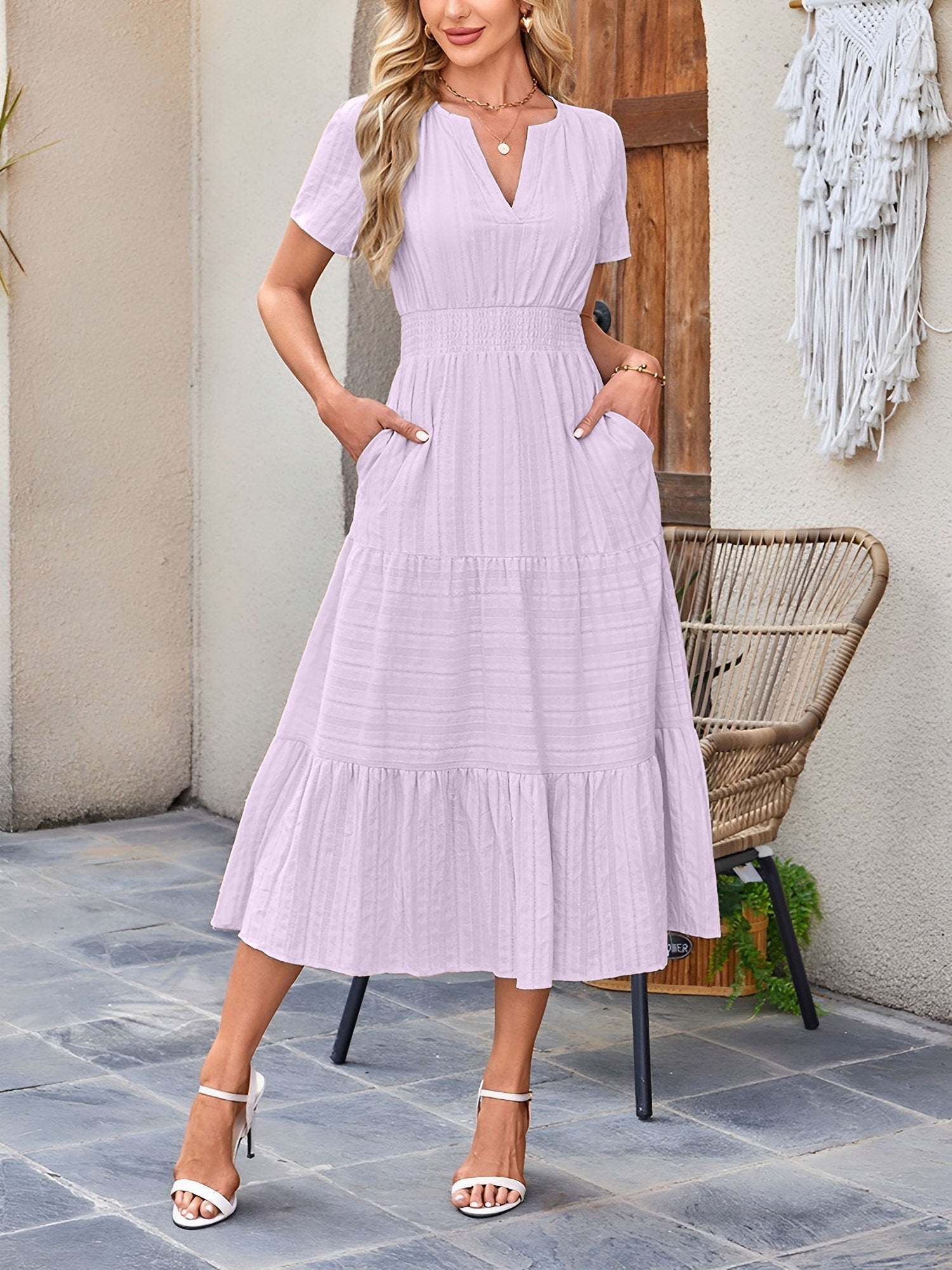 Damska Sukienka Midi z Bufiastymi Rękawami | Letnia Sukienka Casual