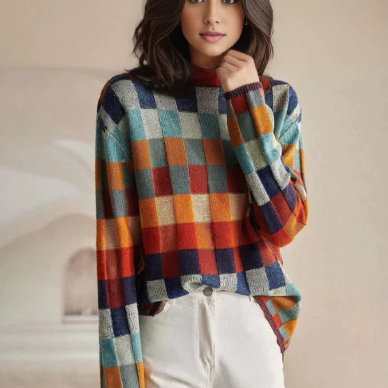 Golf Damski w Kolorowy Patchwork | Elegancki Sweter Damski z Golfem